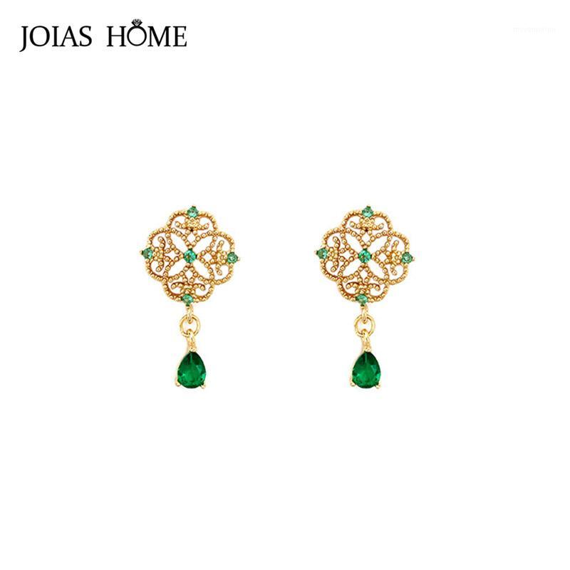 

JoiasHome Water Drop Shaped Emerald Earrings for Women Vintage Silver 925 Jewelry Gemstones Hollow Pattern Long Ear drops Gifts1
