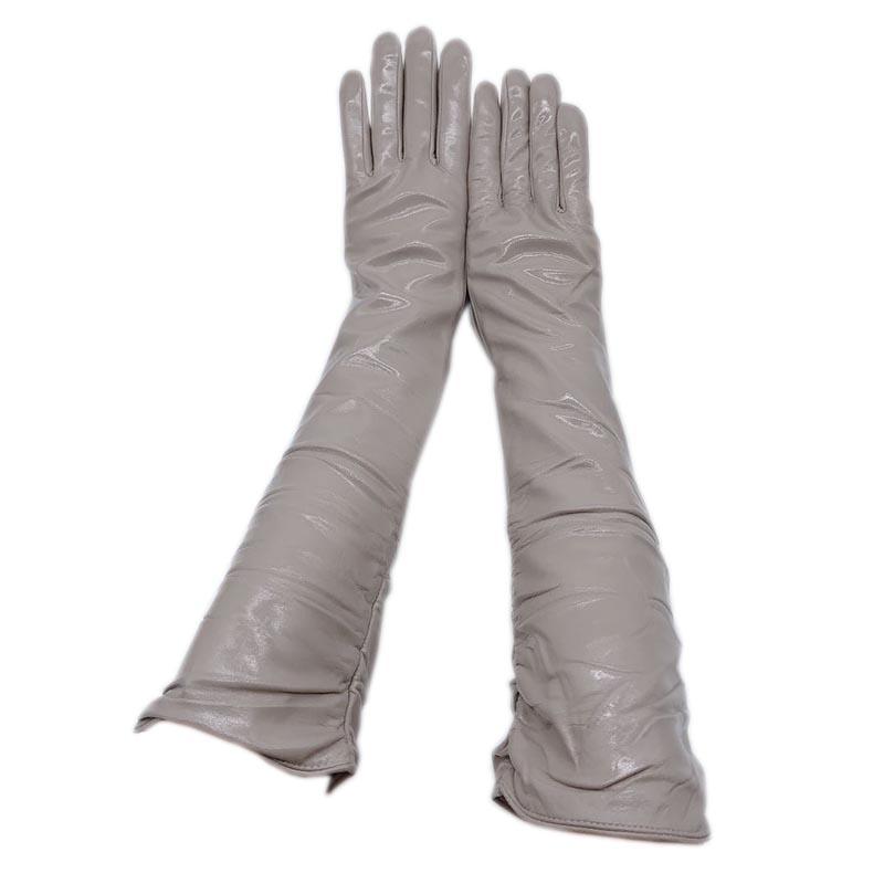 

Winter ladies long patent leather gloves sheepskin bright leather long arm sleeves 45 cm gray 2020 new gloves arm s