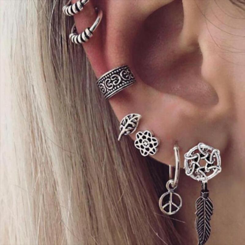 

Boho Vintage Silver Color Geometric Stud Earrings Set for Women Fashion Crystal Stone Heart Flower Leaf Chain Bohemian Jewelry