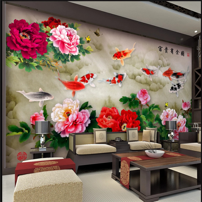 

Peony Flower Nine Fish Picture Photo Wallpapers for Living Room Bedroom TV Sofa Background Mural Wall Paper 3D Papel De Parede, Canvas