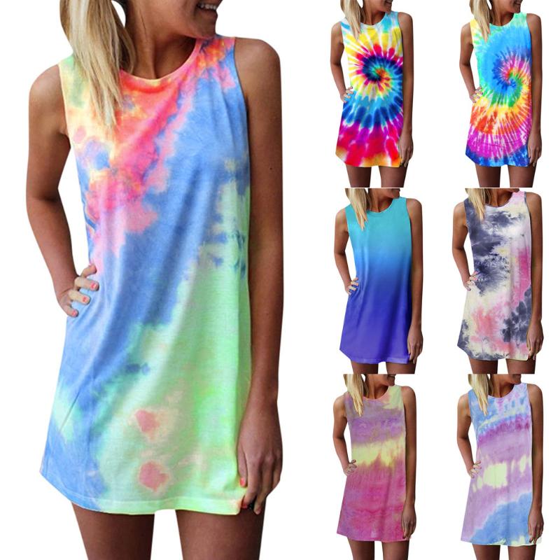 

Summer Woman Dress Sleeveless Party Rainbow Printed Glamorous Mini Dress Tie Dyeing Graffiti Beach Vestidos De Verano Mujer @45, Purple