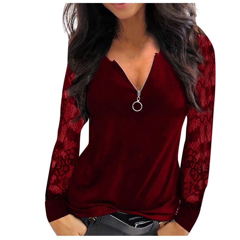 

Harajuku Blouse Women Casual Sexy Lace Mesh Stitching V-neck Zipper Long Sleeve Tops Elegant Oversize Blouse Women Clothing, We