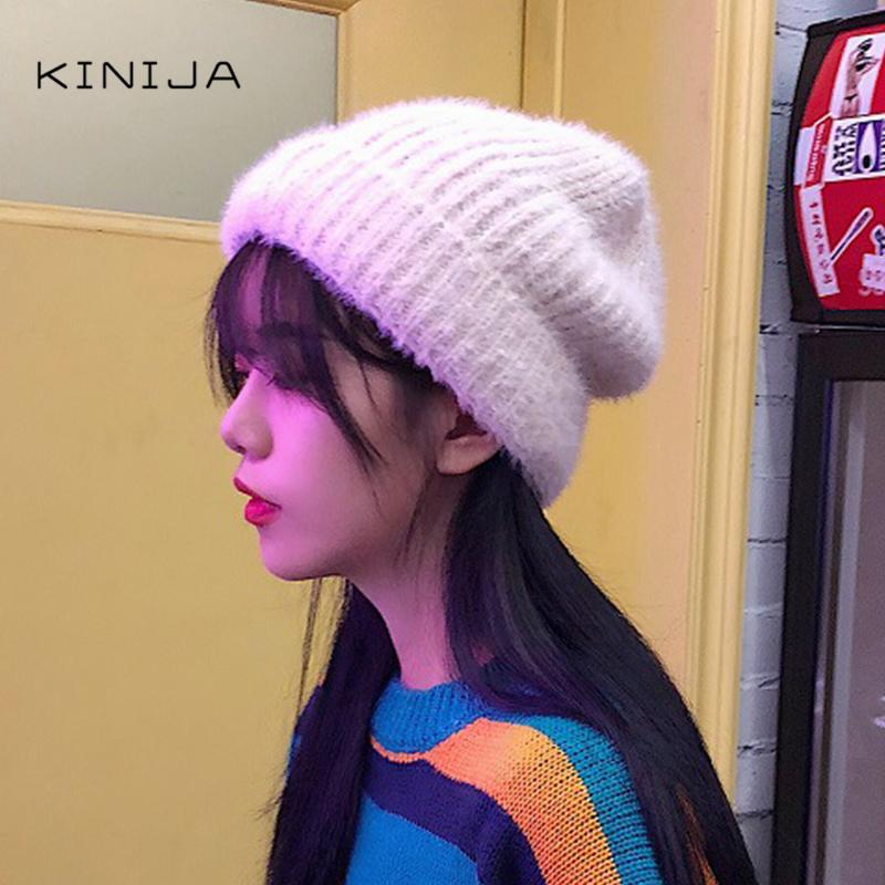 

Winter Thickened warm wool hat Japanese solid color knitted hat soft Baggy Crochet Beanie Girl gorros mujer invierno, Black
