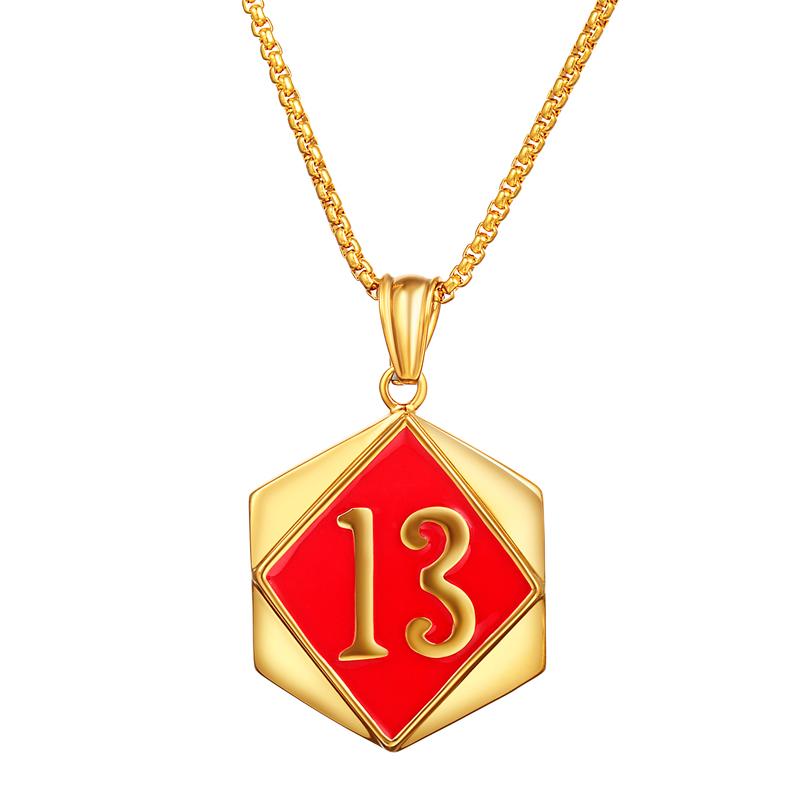

Men's Vintage Lucky Number 13 Pendant Necklace Gold Color Red Enamel Hexagonal Pendants Stainless Steel Chain Necklace for Men