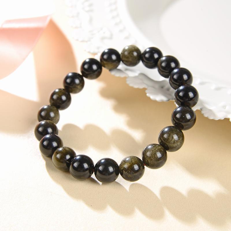 

10mm Natural Obsidian Stone Bead Bracelet for Men Health Protection Women Jewelry Elegant Strand Bangle Wristband Gift 18cm B4181, Golden;silver