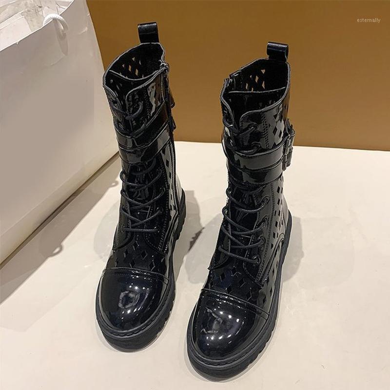 

Women Cut Out PU Leather Ankle Boots Lace Up Buckle Strap Shoes Autumn Ladies Fashion Casual Shoe 2020 Female Platform1, Black-2