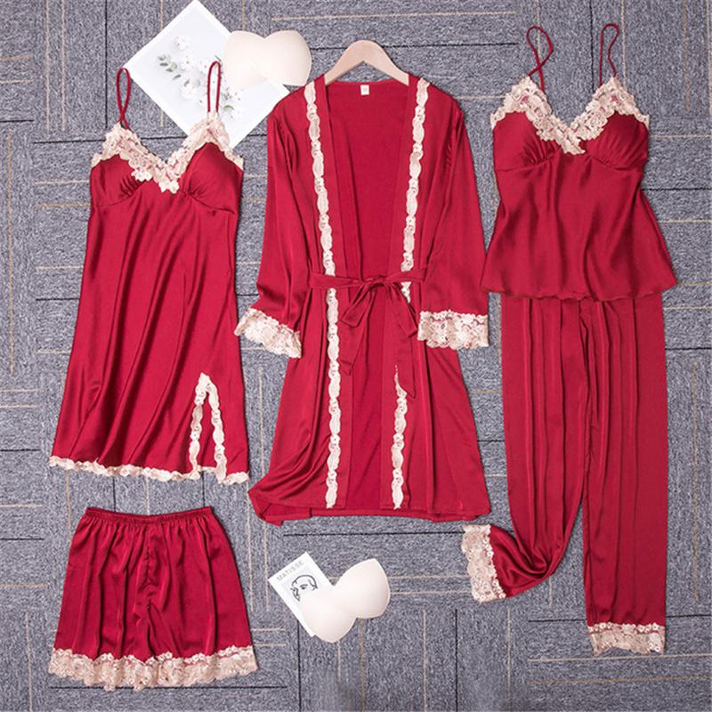 

Five-piece satin pajamas women spring and autumn trousers robe suspenders nightdress with chest pad bathrobes home service women, Pink