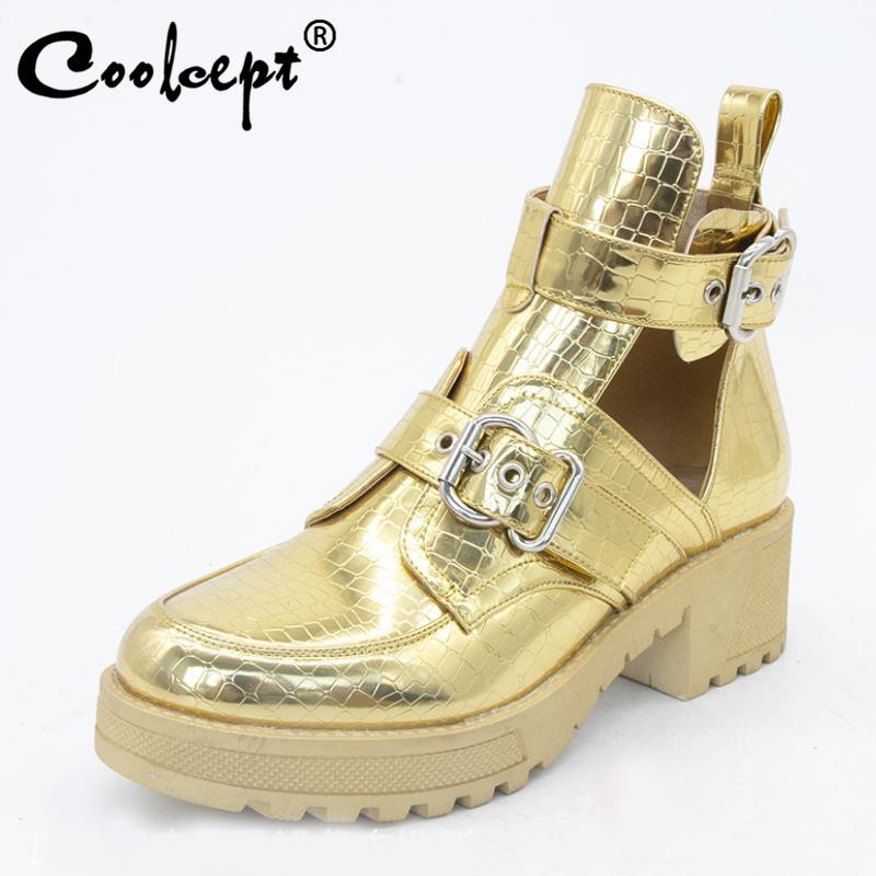 

Coolcept Woman Ankle Boots Metal Buckle Thick Heel Woman Short Boots Fashion Cool Spring Autumn Shoes Footwear Size 36-41, Black