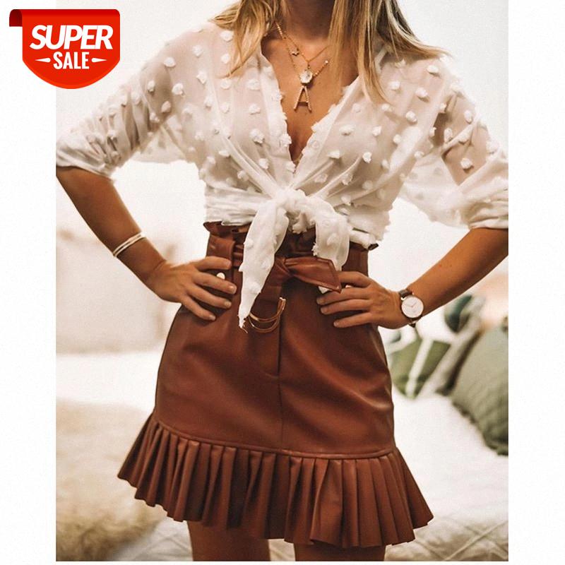 

Chic Pu Leather Mini Skirt With Belt Women High Waist Pleated Skirts Womens Casual Streetwear Party Skirts mujer faldas 3 colors #UK58, White;black