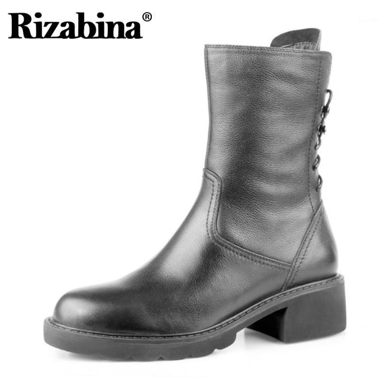 

Rizabina Real Leather Women Half Short Boots Thick Heel Round Toe Shoes Women Party Winter Warm Boots Footwear Size 34-391, Black