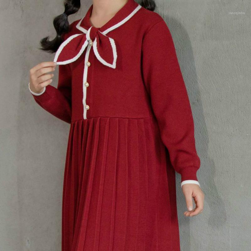 

Sweater Children Pleated Dress Kids Winter Dress for Girls Korean Baby Clothes 2020 Girl Midi Mommy and Me Bow,#56271, Dark blue