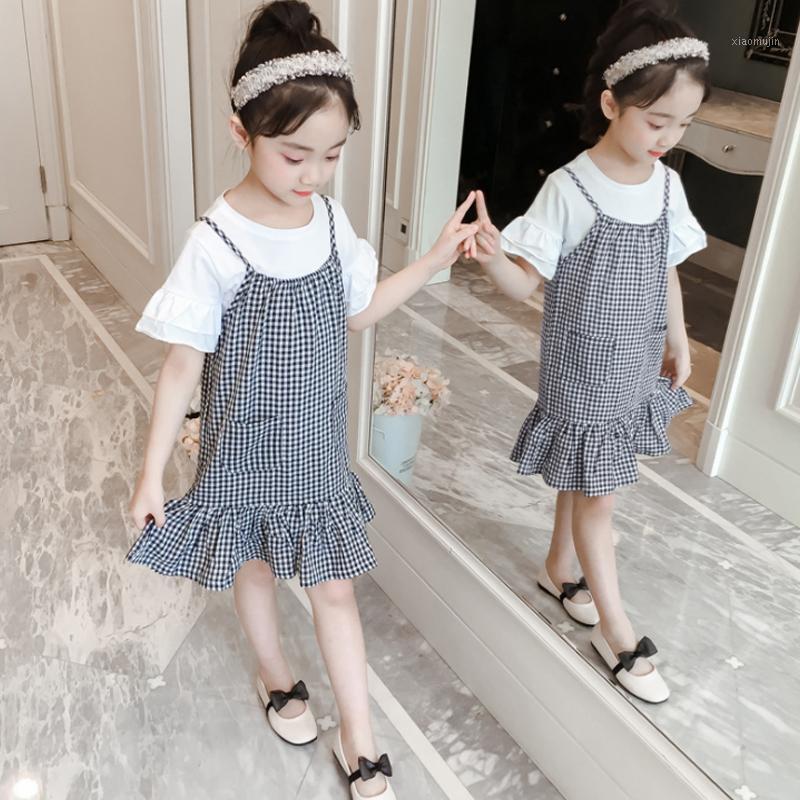

Children' Wear Girl Clothes 2020 Summer New Plaid Suspender skirt+ Round Neck Short SleeveT-shirt Baby Set Quality kids Clothing1, Photo color