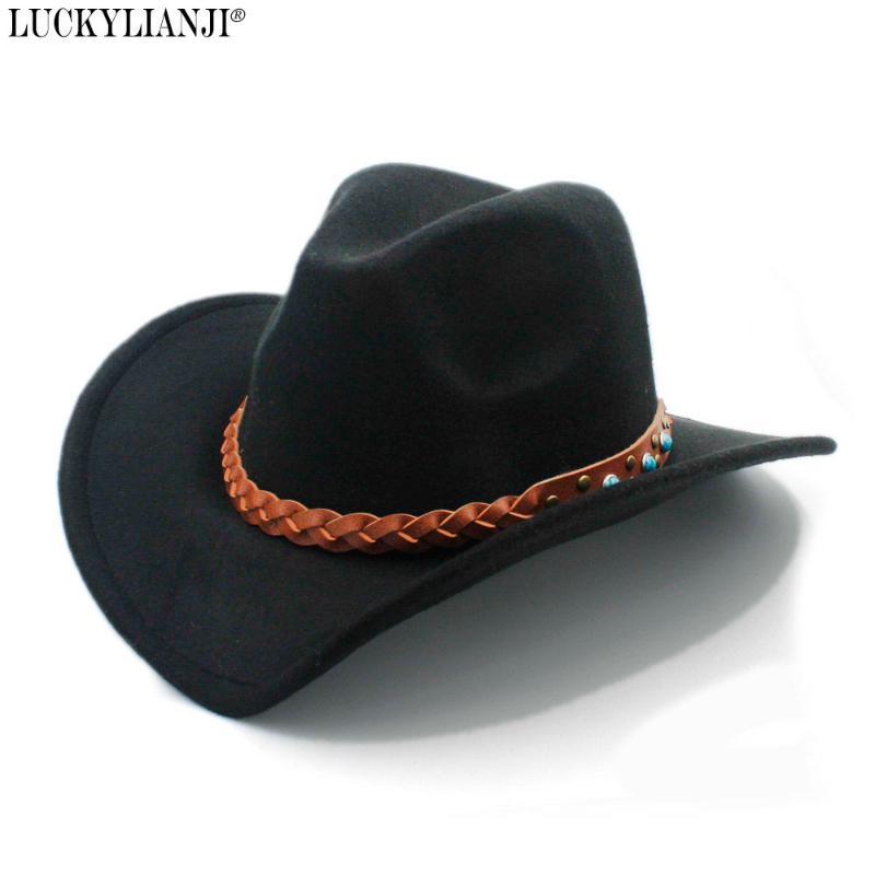 

LUCKYLIANJI Wool Felt Western Cowboy Hat For Women Men Wide Brim Cowgirl Turquoise Braid Leather Band (:57cm, Black