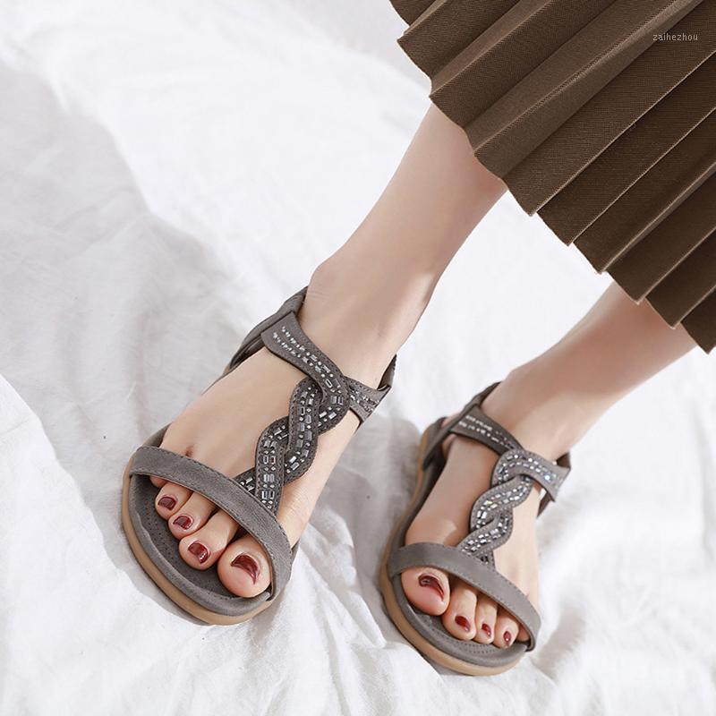 

newest Summer sandals women Open-Toe Sandals Bohemian Rhinestone Flat Elastic Band Beach Shoes drop ship1, Black