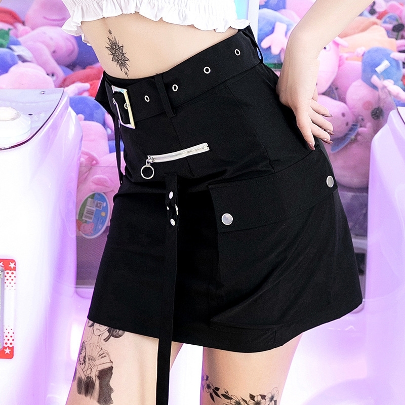 

Goth Dark Solid Black Patchwork Hollow Out Skirts For Women Gothic Summer Hole Grunge Eyelet Zipper Skirt Fashion Punk Y200326