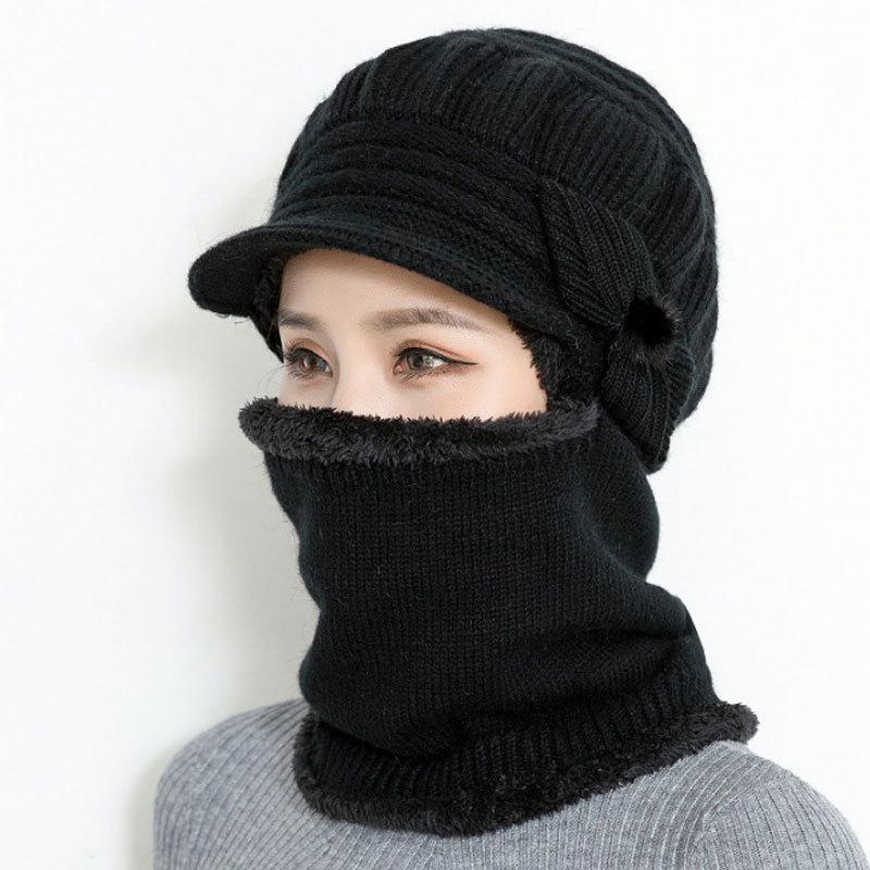 

Beanie/Skull Caps Female Winter Neck One Wool Cap Warm Knitted Hair Plus Protective Hat Women Protection Face Scarf