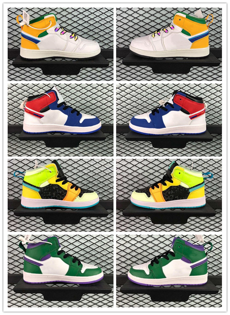 

Mid AJS 1 Basketball Shoes Chicago yellow red white walking shoes KIds Green Blue Sport sneaker boys&girls size27-37