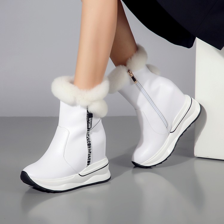 

2020 New Women Platform high heel boots Genuine Leather Wedge Ankle Boots Female Warm short plush inside Women Snow, Black