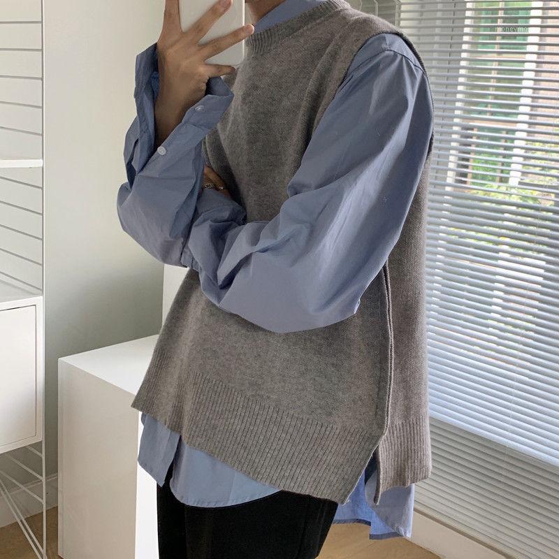 

Autumn Korean Sweater Vest Men's Warm Fashion Solid Color Knitted Pullover Men Streetwear Wild Loose Vest Knitting Sweaters Mens1, Black