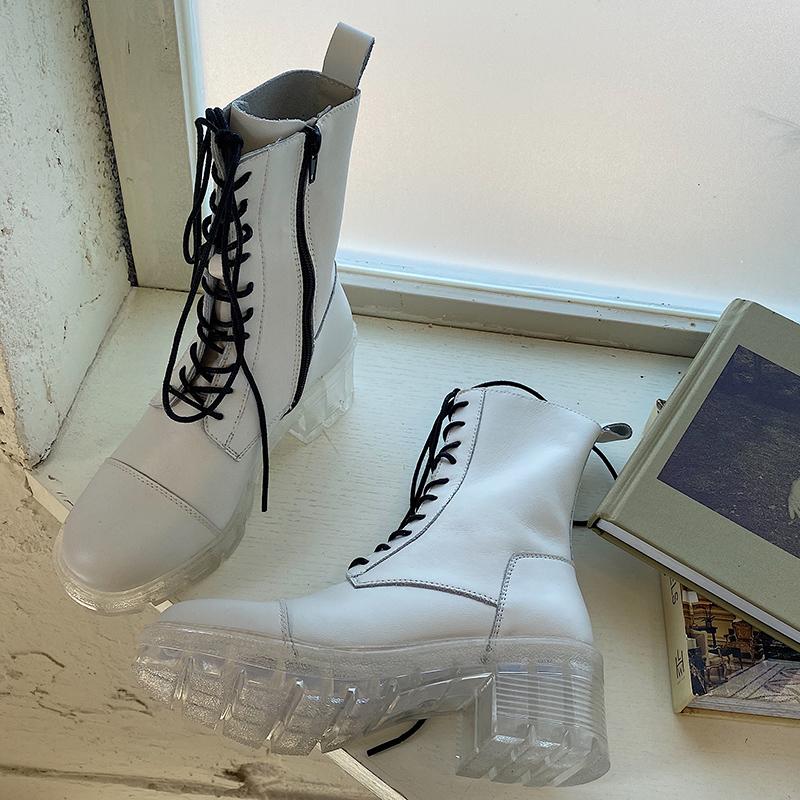 

2020 Winter Trending Women Tie Up Boots Platform Clear Heels Ankle Boots Autumn White Leather Gladiator Lady Shoes, Black