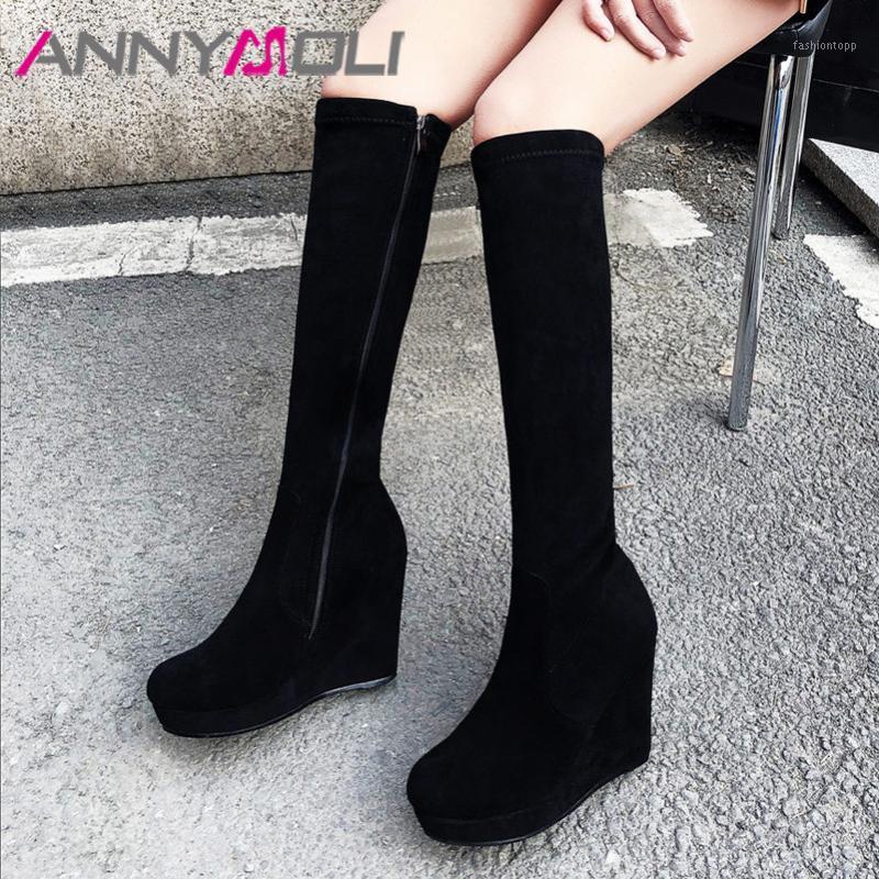 

ANNYMOLI Winter Knee High Boots Women Kid Suede Zip Platform Wedge Heel Long Boots Slim Stretch Super High Heel Shoes Lady Fall1, Black pigskin lining
