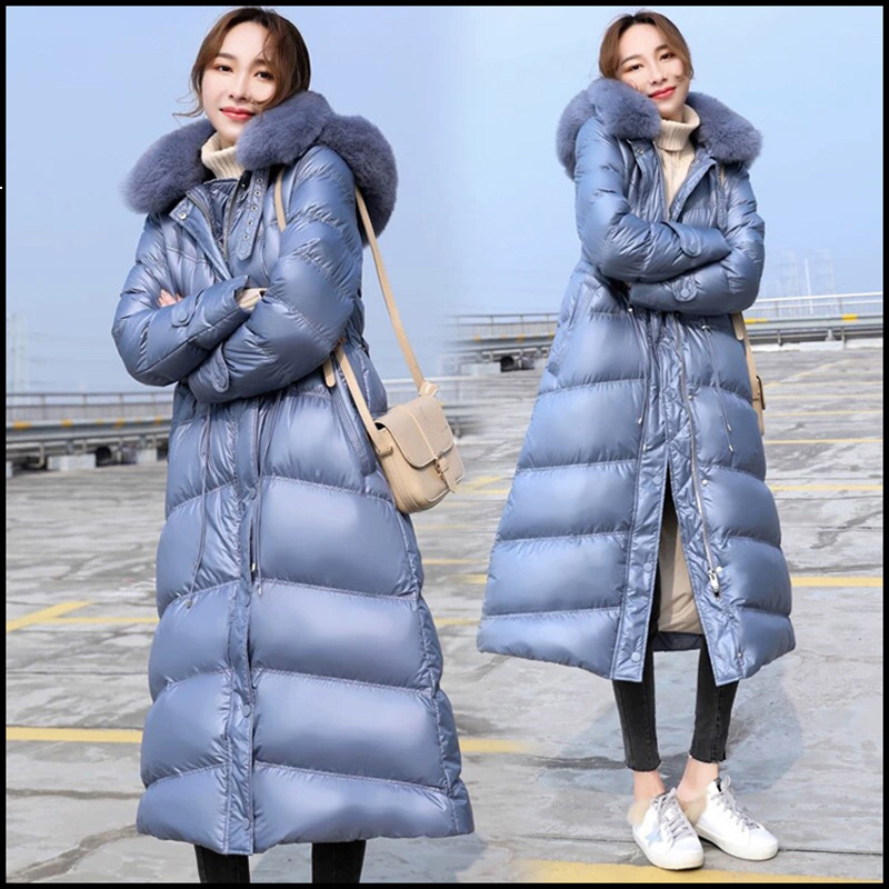 

2021 New Winter Female Jacket New Long Over-the-knee Big Fine Skin Collar Fashion White Duck Down Solid Coat 1x Rebd, Pink