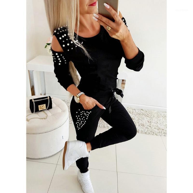 

women' sexy strapless sport suits pearl decor slim pure color sport suits ladies beading sweatshirt Tracksuit set#1022g251, Black
