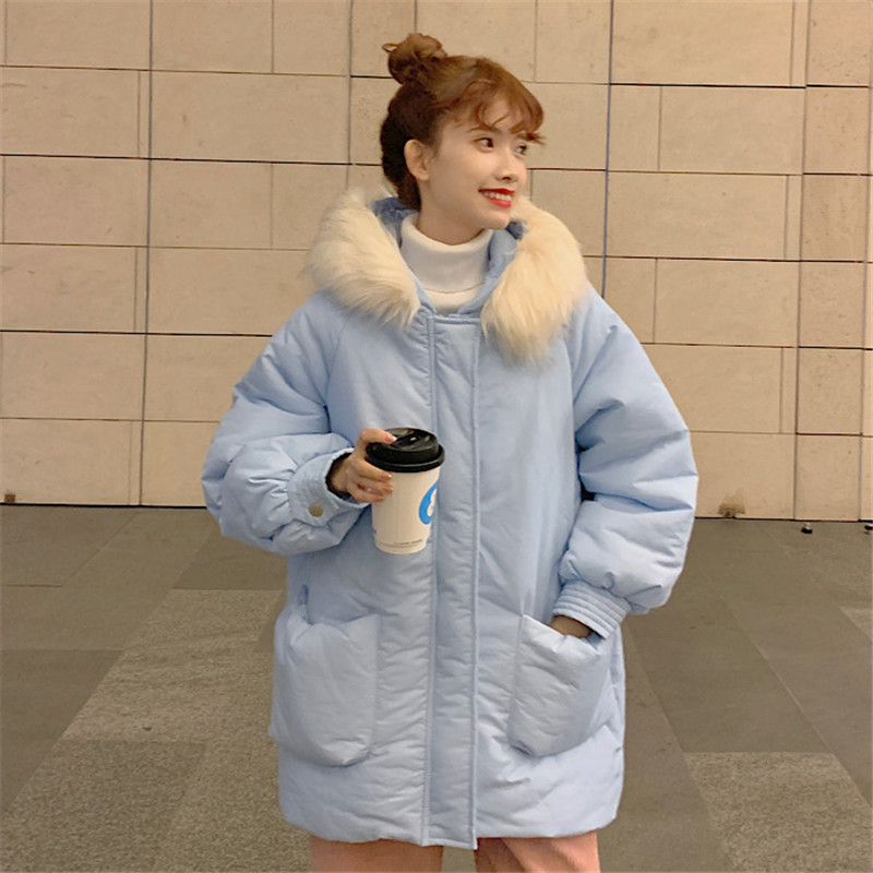 

2021 Padded Female Jacket Autumn Leather with Loose Hood Parka New Thick Long Sleeves Sweet Cotton Coat 9V08, Sky blue