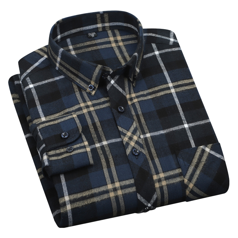 

2021 New Brand Men 100% Cotton Flannel Long Sleeve Plaid Shirt Fashion Regular Fit Checked Comfortable Button-down Casual Shirts Jd3h, 3ldbl-9911
