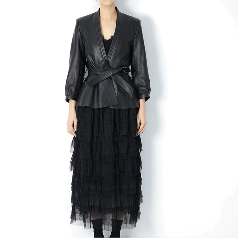 

2020 Natural Leather Women Lambskin Leather V-neck Jacket Long Sleeves 100% Sheepskin, Black