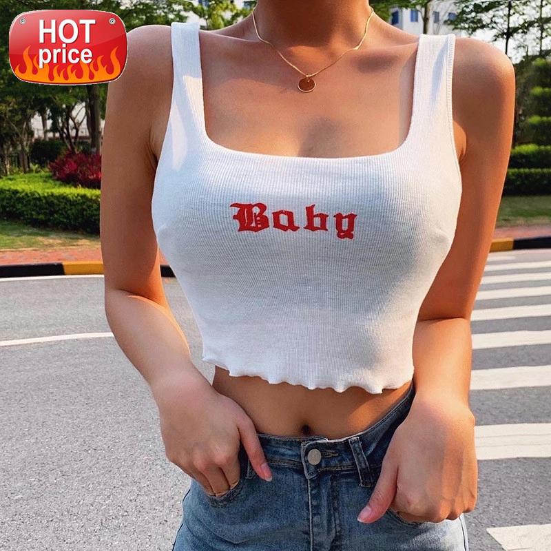 

O-neck White Cotton Elastic Slim Summer Vacation Tank Vest Casual Streetwear New Letter Print Sleeveless Tank Crop Tops Women #Bd9l