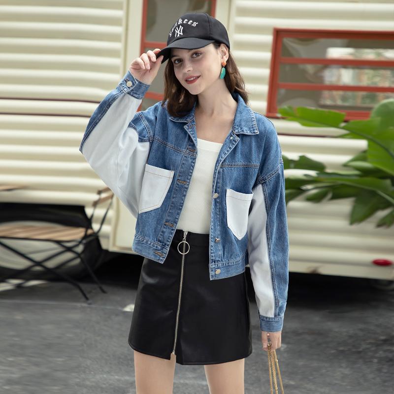 

2020 Autumn New Arrival Bat Sleeve Loose Bf Denim Jacket Hot Beads Contrast Color Jacket Fashion Short Free Shipping, Gray