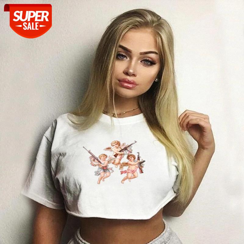 

Angel Print Women Short Sleeve Casual Loose T-Shirt Ladies Crop Tee Short Exposed Navel Tops Summer Fashion Tshirt Streetwear #Yd69, White