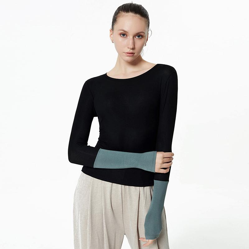 

Yoga Top Long Sleeve Hit Color Splicing Sport Shirt Gym Fitness Sportswear Women Black Crop Top Workout Running Wear