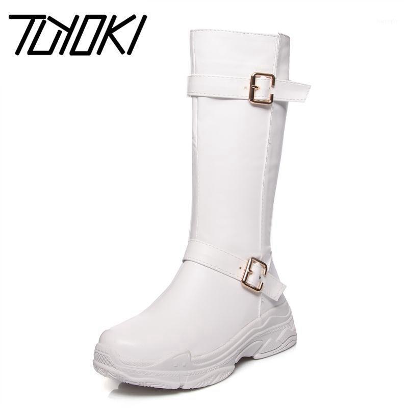 

Tuyoki Women Mid Calf Boots Winter Wedge Warm Fur Shoes Woman Fashion Buckle Platform Shoes Round Toe Long Boots Size 34-431, Black