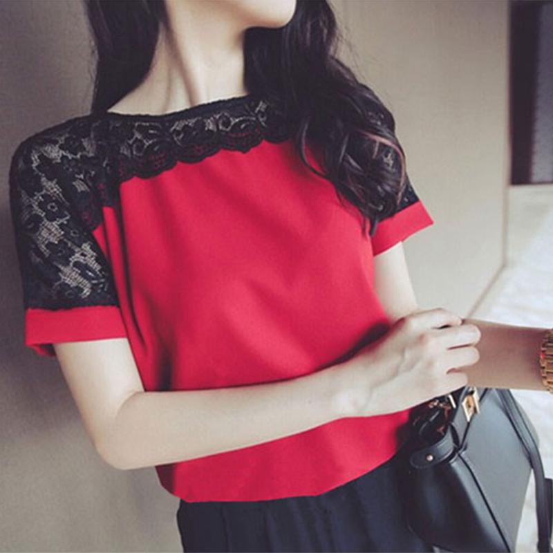 

Korean Fashion Chiffon Women Blouses Lace Short Sleeve Shirts Plus Size 4XL/5XL Womens Tops Blusas Femininas Elegante, Pink