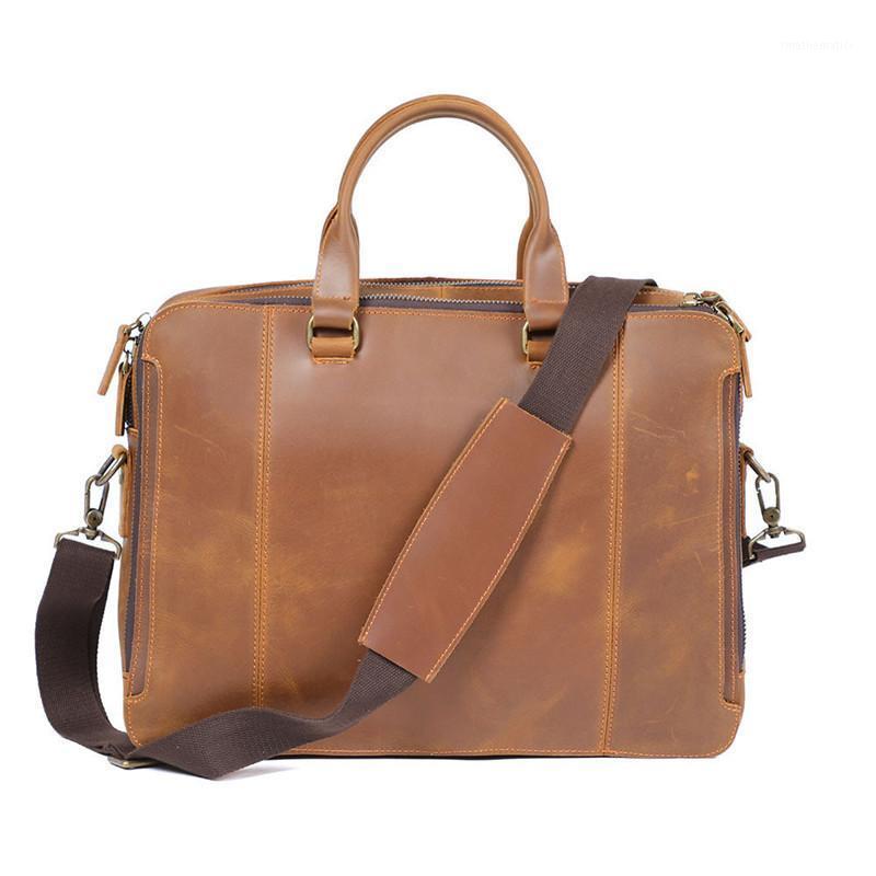 

Retro simple men's genuine leather briefcase top layer cowhide women's casual handbag shoulder bag business computer bag1, Brown