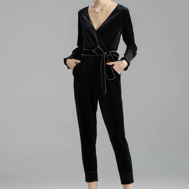 

2021 New Sexy Autumn with Long Sleeve V-low Velvet Belt-fitting Black Pocket-black Ankle Length Women' Clothing Overalls Rr4r