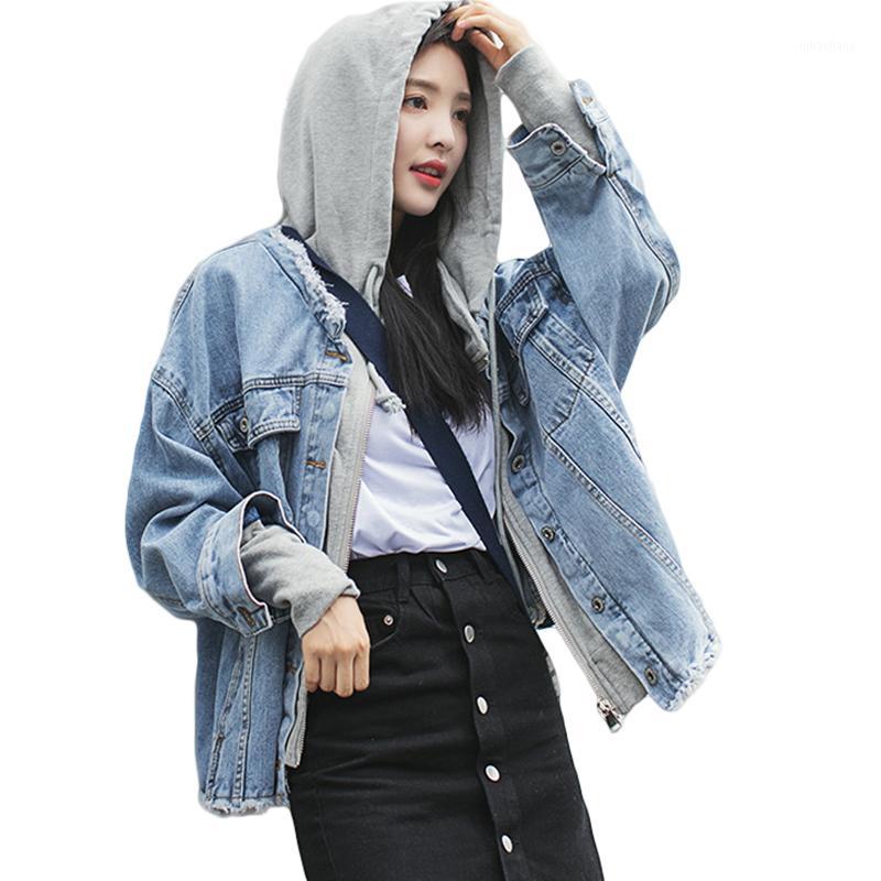 

Womens Denim Jacket Hooded Oversized Blue Jeans Jacket Coat Women Loose Casual Hiphop Streetwear Patchwork Cotton Clothing D6901, Black
