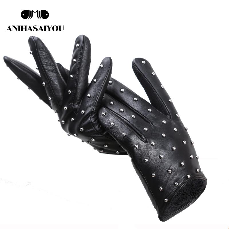 

Five Fingers Gloves Rivets Genuine Leather Sheepskin Women's Thin Warm Winter Driving Motorcycle Gloves-7017