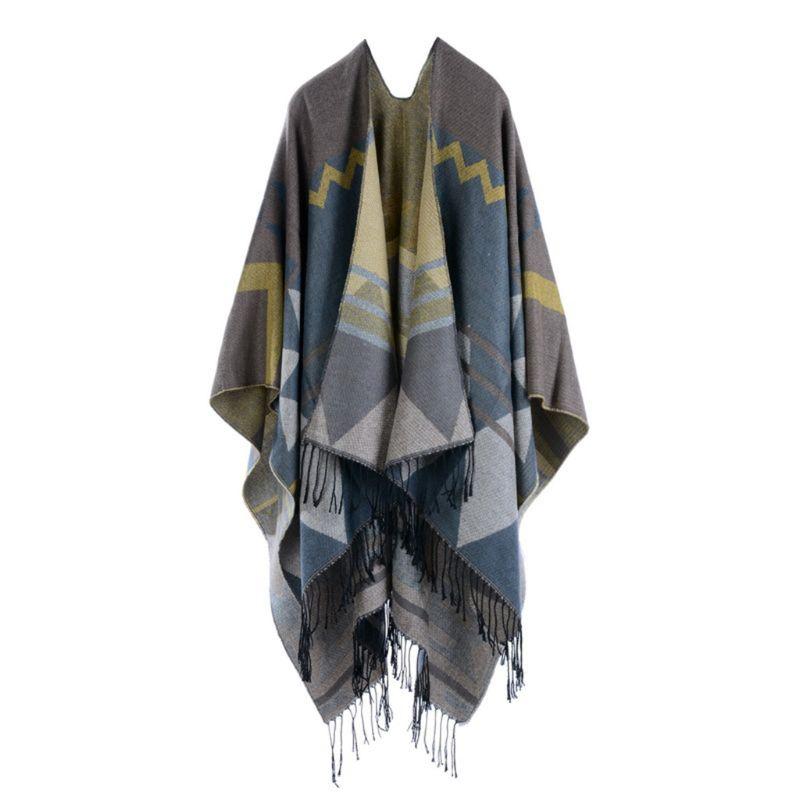 

Womens Boho Winter Poncho Shawl Cape Colorful Geometric Tassels Cardigan Wrap 2XPC