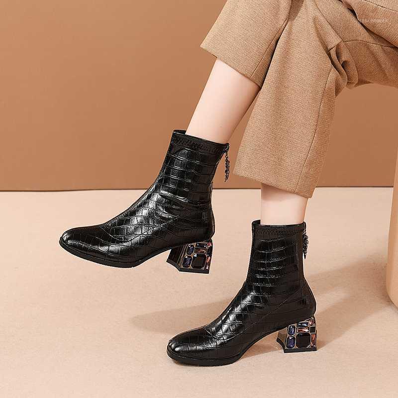 

Fashion Women Ankle Boots Boots 2020 Autumn Winter Newest Genuine Leather Shoes Woman Concise Office crystal High Heels1, Black