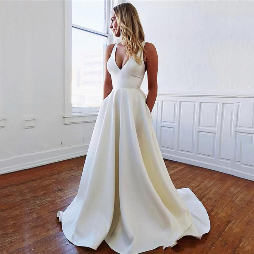 

Custom Made Simple Spaghetti Evening Dresses with Pockets Sweep Train Satin Bow Tie Formal Prom Party Gowns, White
