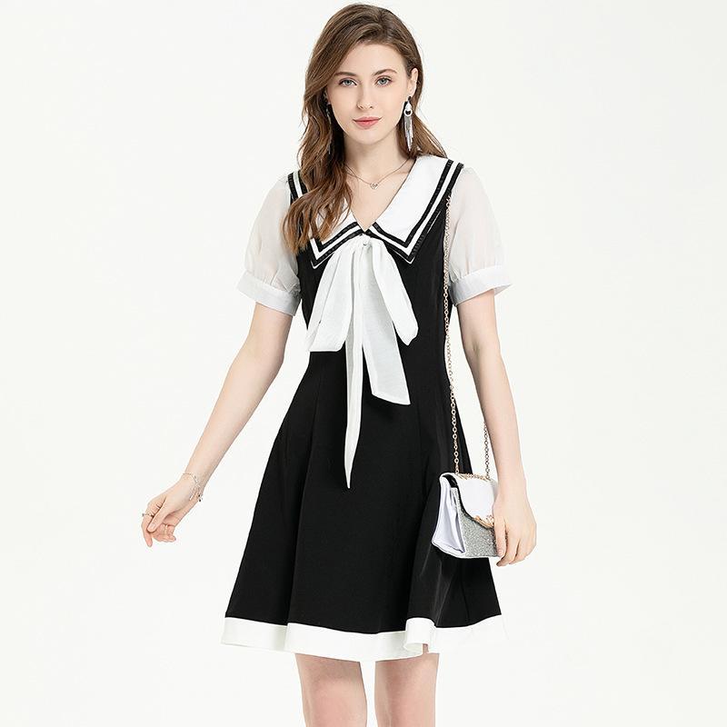 

Summer High Quality Sweet Women Sailor Collar Short Sleeve Bow Lace-up Runway Dress Elegant Schoolgirl A-line Dresses1, Xaq533