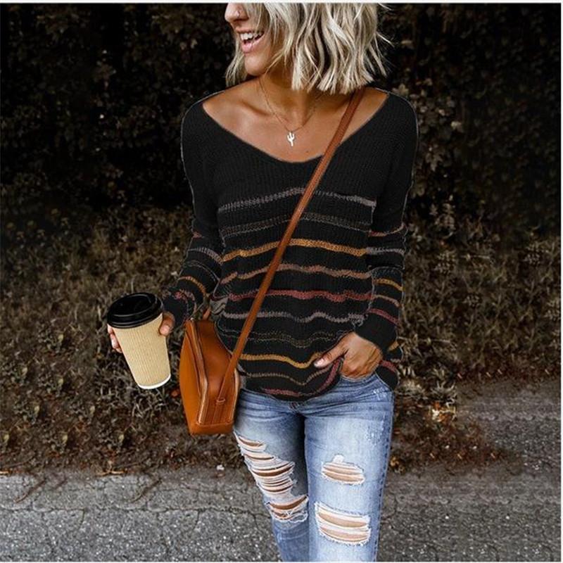 

Striped Women Sweaters New Long Sleeves V-neck Loose Casual Jumpers Female Knitted Pullovers Autumn Winter Femme Hot Sweater