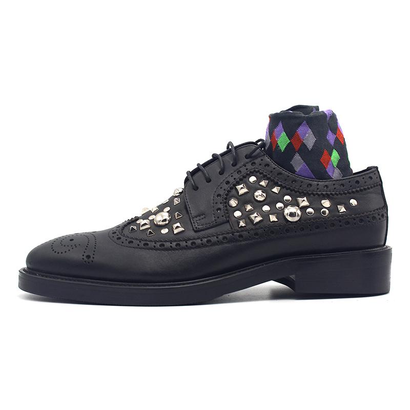 

Black Bullock Carved Rivets Men Genuine Leather Shoes Banquet Pointed Toe Dress Shoes Handmade Lace Up Derby Zapatos De Hombre