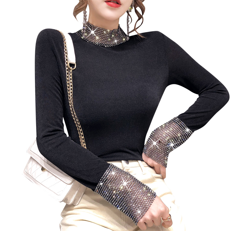 

Women Tops Stand Neck Sexy Diamonds Slim fit Tshirt Long Sleeve T-shirt Blusa Spring winter New Black Bottoming shirt 330E 201125, 03