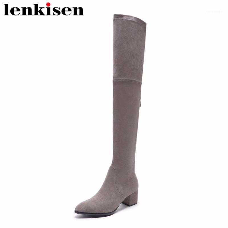 

Lenkisen new arrival zipper med heels solid pointed toe flock european style high fashion women classic over-the-knee boots L671, Black