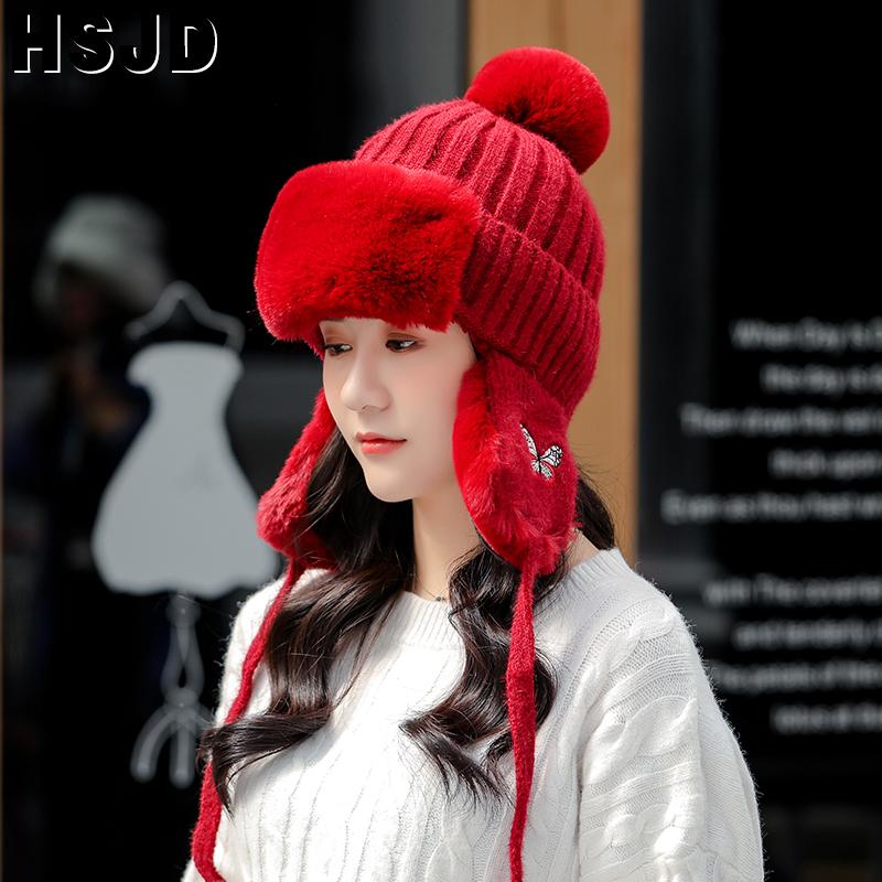 

Women's Hats Ear Warmer Cap Fashion Butterfly Embroidery Winter Knitted Hats For Women Thick Warm Skullies Beanies Bomber Cap, White