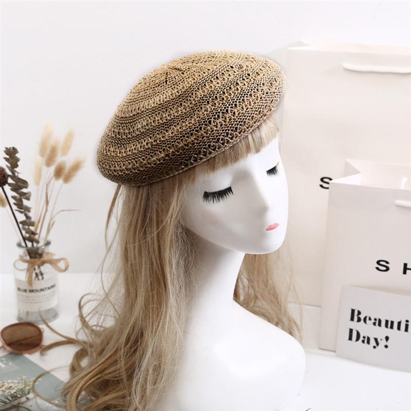 

Spring Summer Beret Hat Vintage Hollow-out Hat Vacation Woven Cap Travel Casual Art (Khaki, Black